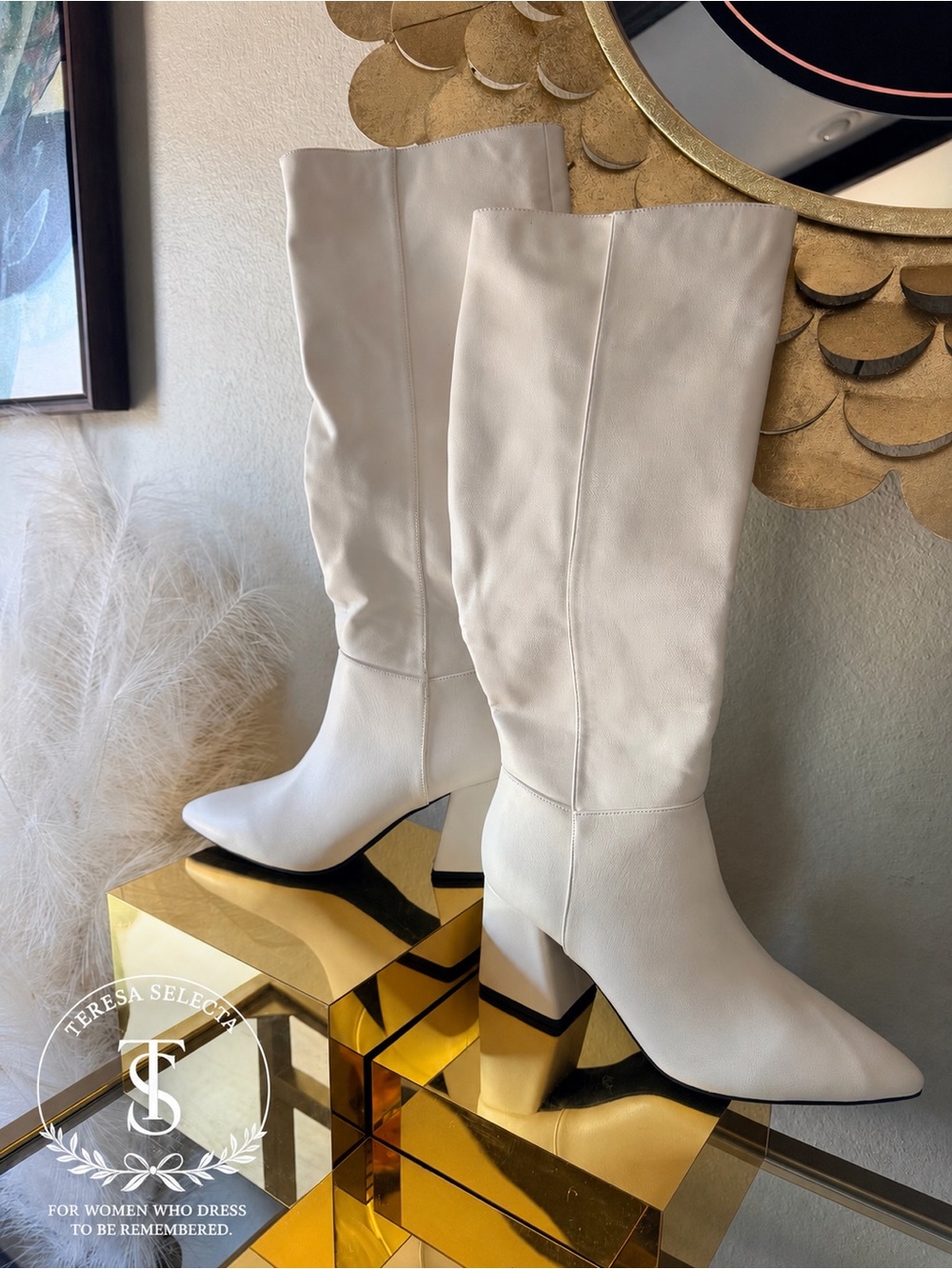 Bamboo White Knee High Boots Square Toe Block Heel Women’s Size 9